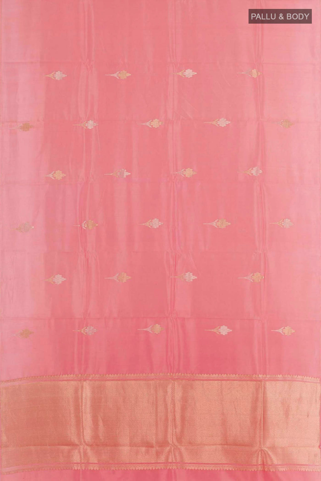 Flat view of Pink Banarasi Katan Silk Saree with Zari Butta on the body and Zari Border. 