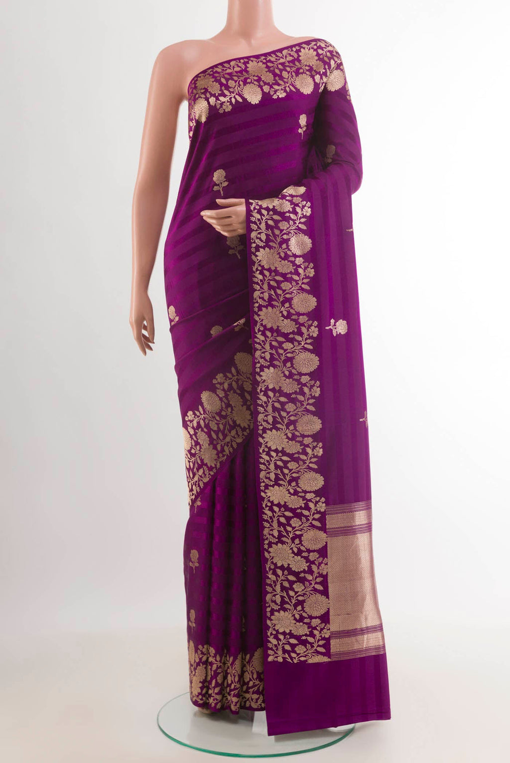 Purple Banarasi Silk Saree with Zari Butta on the body and Zari Border.  displayed on a mannequin