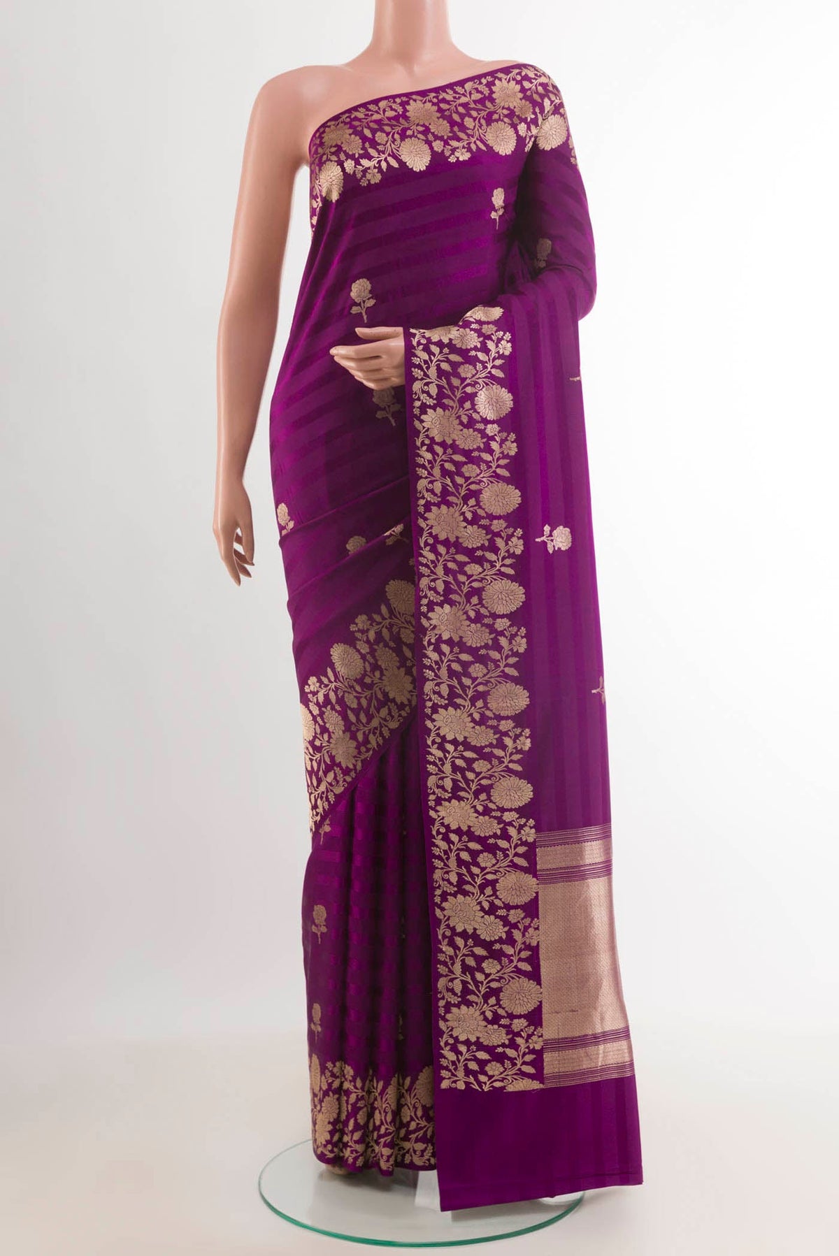 Purple Banarasi Silk Saree with Zari Butta on the body and Zari Border.  displayed on a mannequin