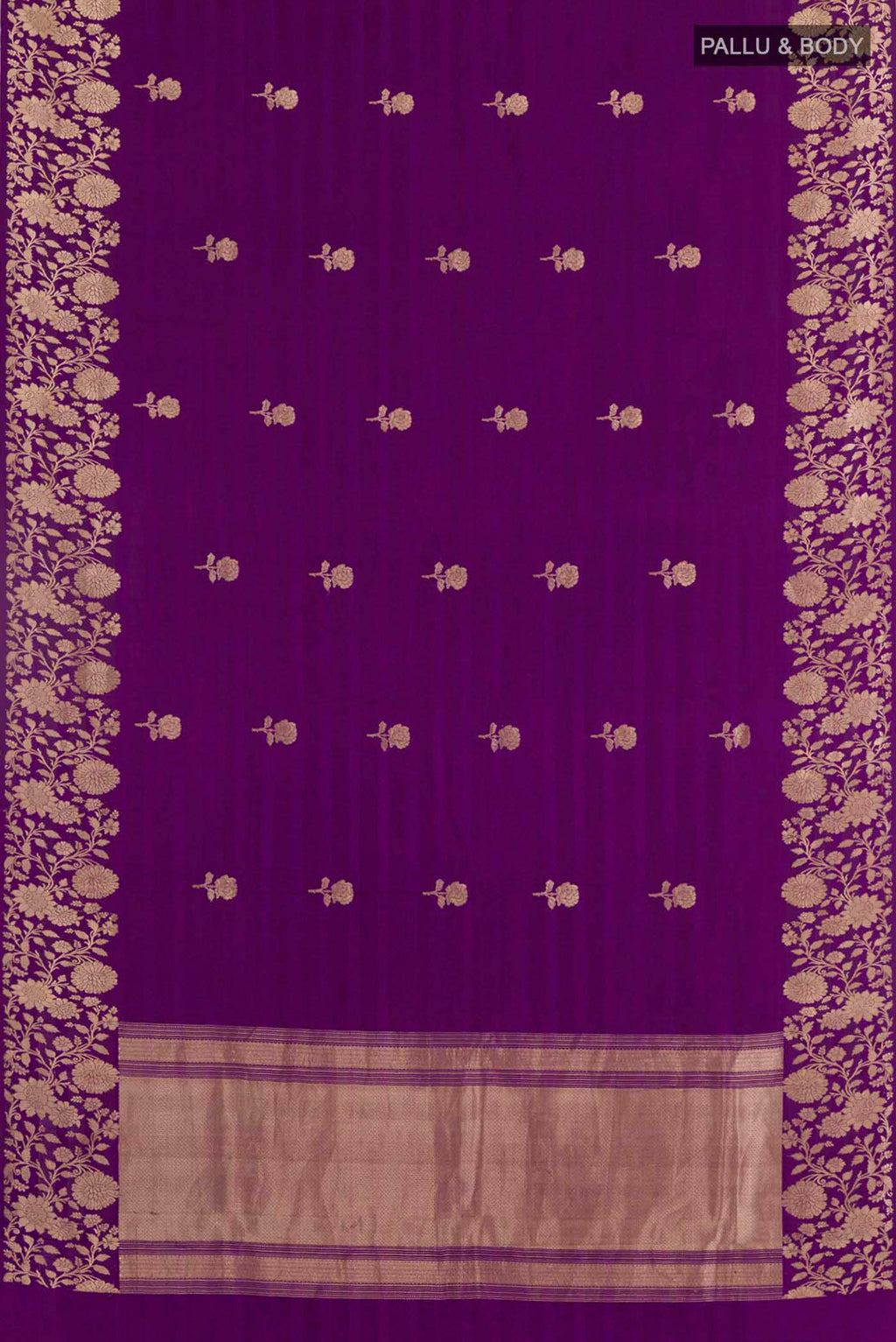Flat view of Purple Banarasi Silk Saree with Zari Butta on the body and Zari Border. 