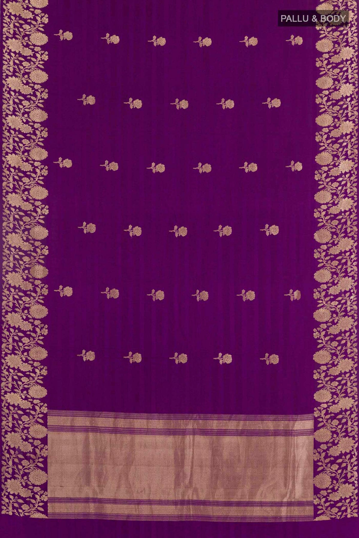 Flat view of Purple Banarasi Silk Saree with Zari Butta on the body and Zari Border. 