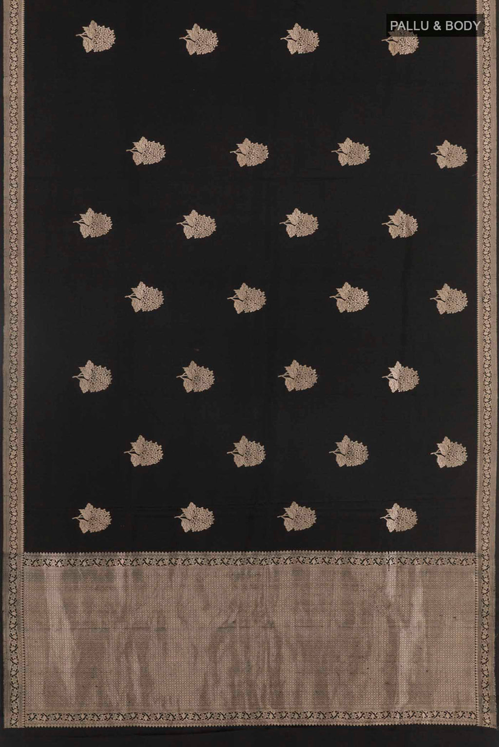 Flat view of Black Banarasi Silk Saree with Zari Butta on the body and Zari Border. 