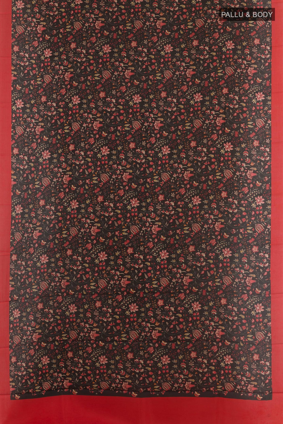 Flat view of Black Printed Silk Saree with Printed design on the body and Printed Border. 