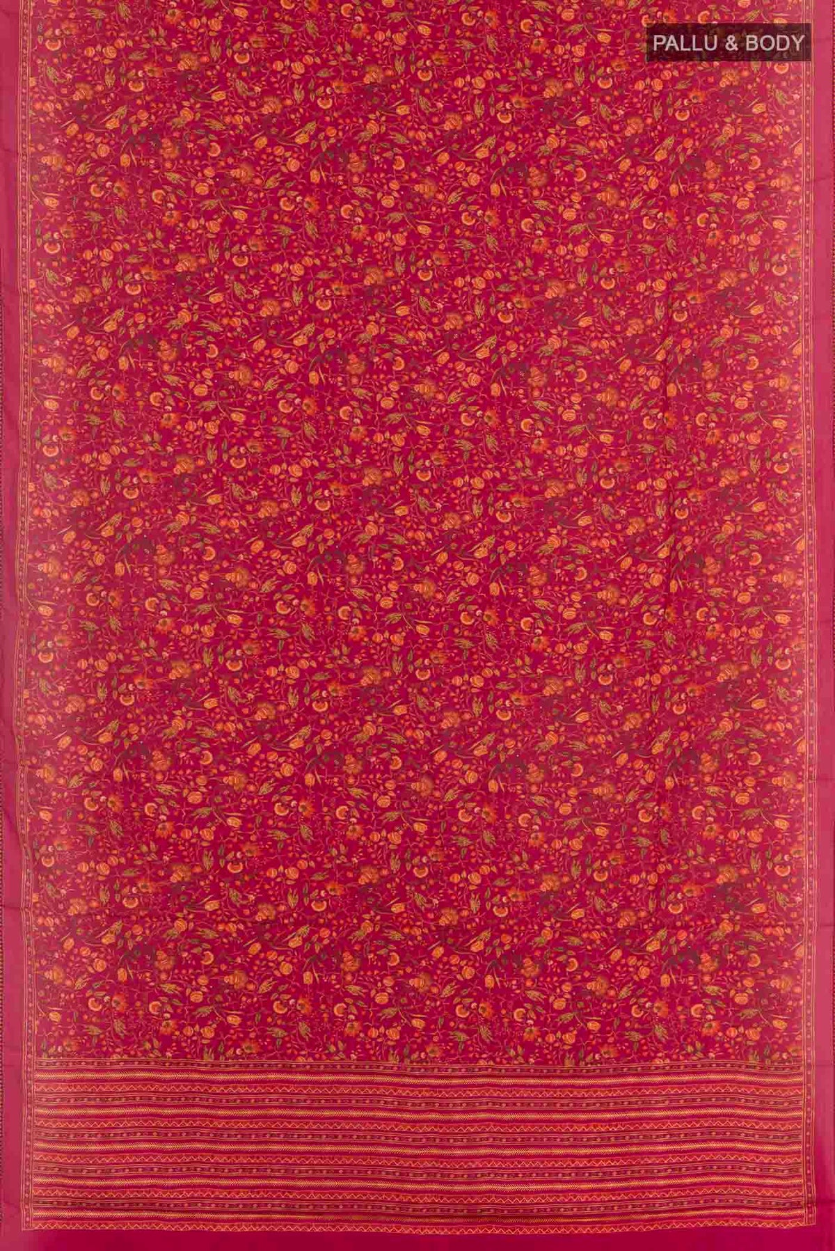 Flat view of Pink Printed Silk Saree with Printed design on the body and Plain Border. 
