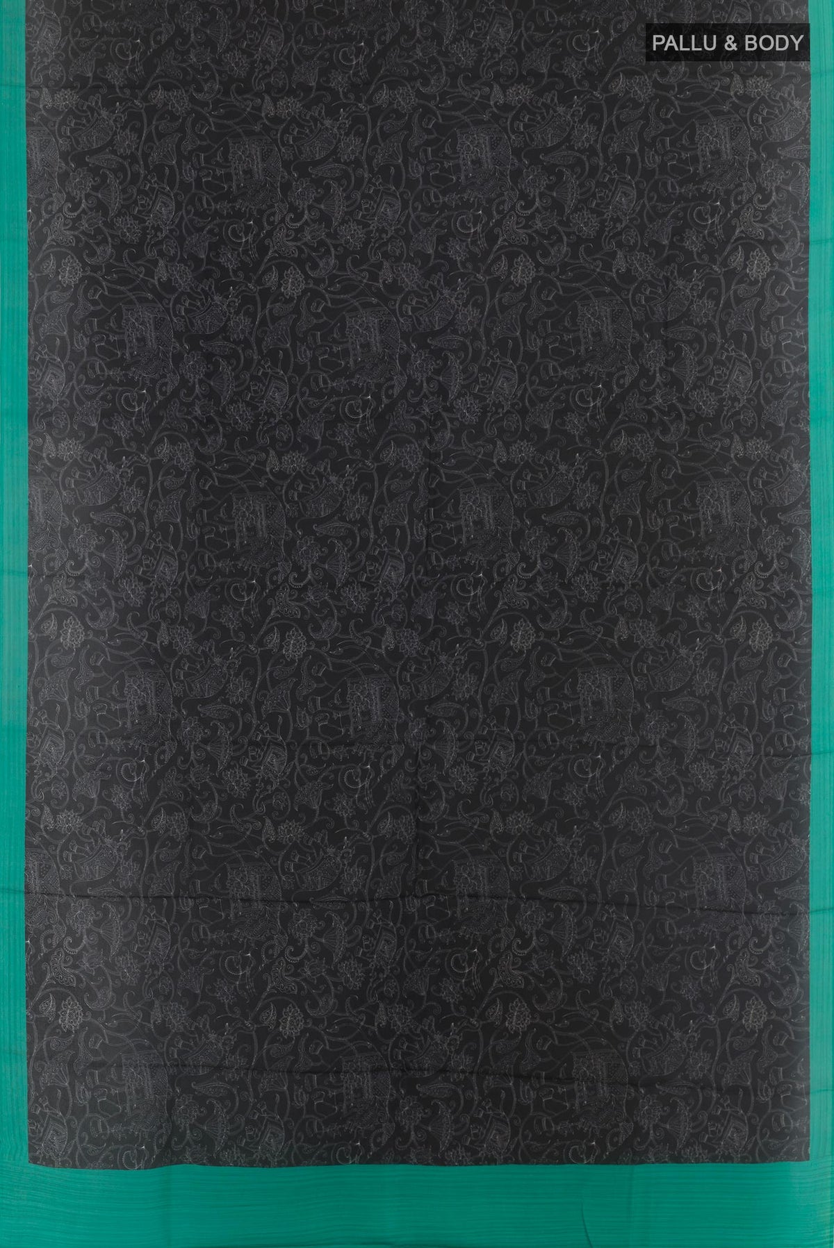 Flat view of Black Printed Silk Saree with Printed design on the body and Printed Border. 