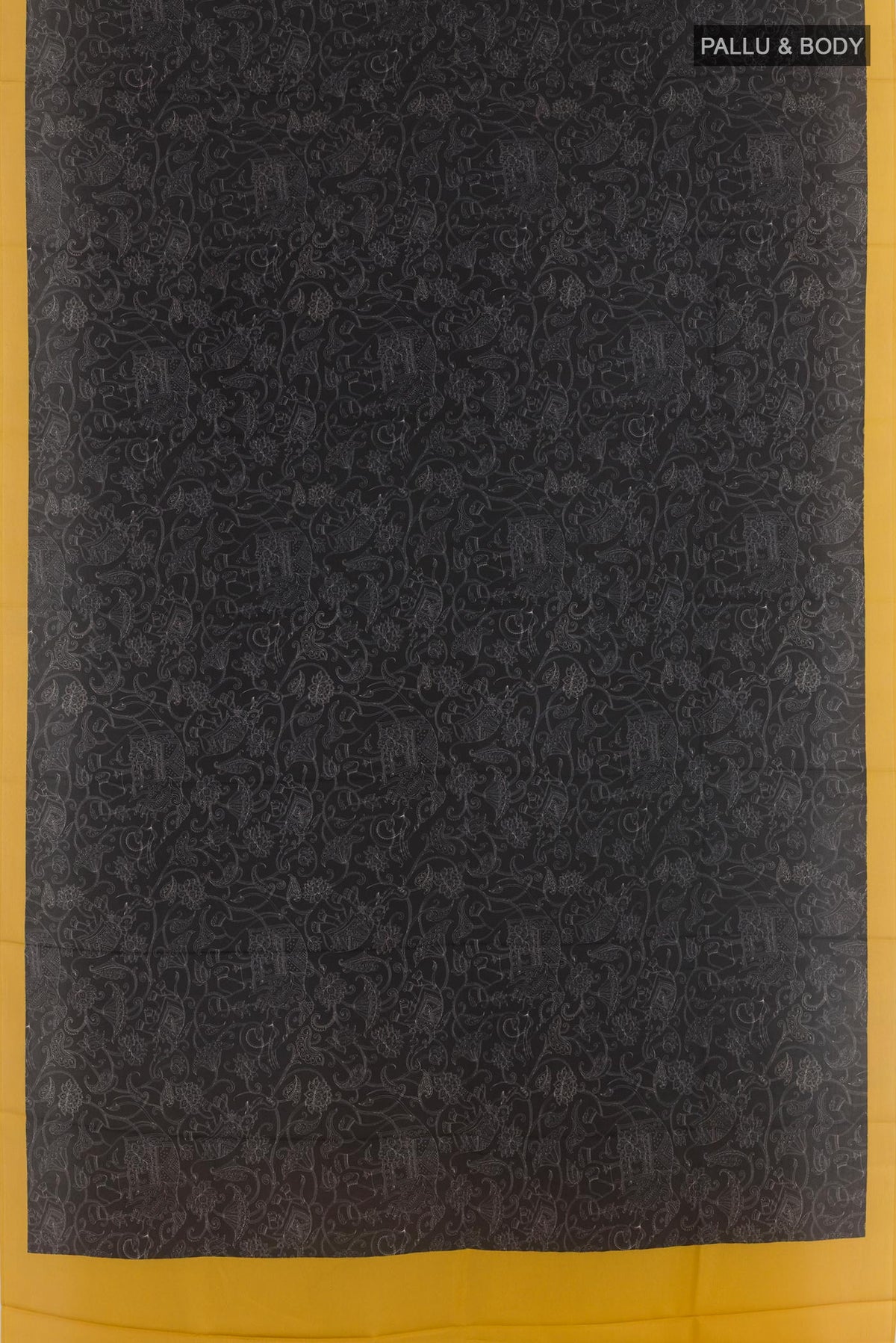 Flat view of Black Printed Silk Saree with Printed design on the body and Printed Border. 