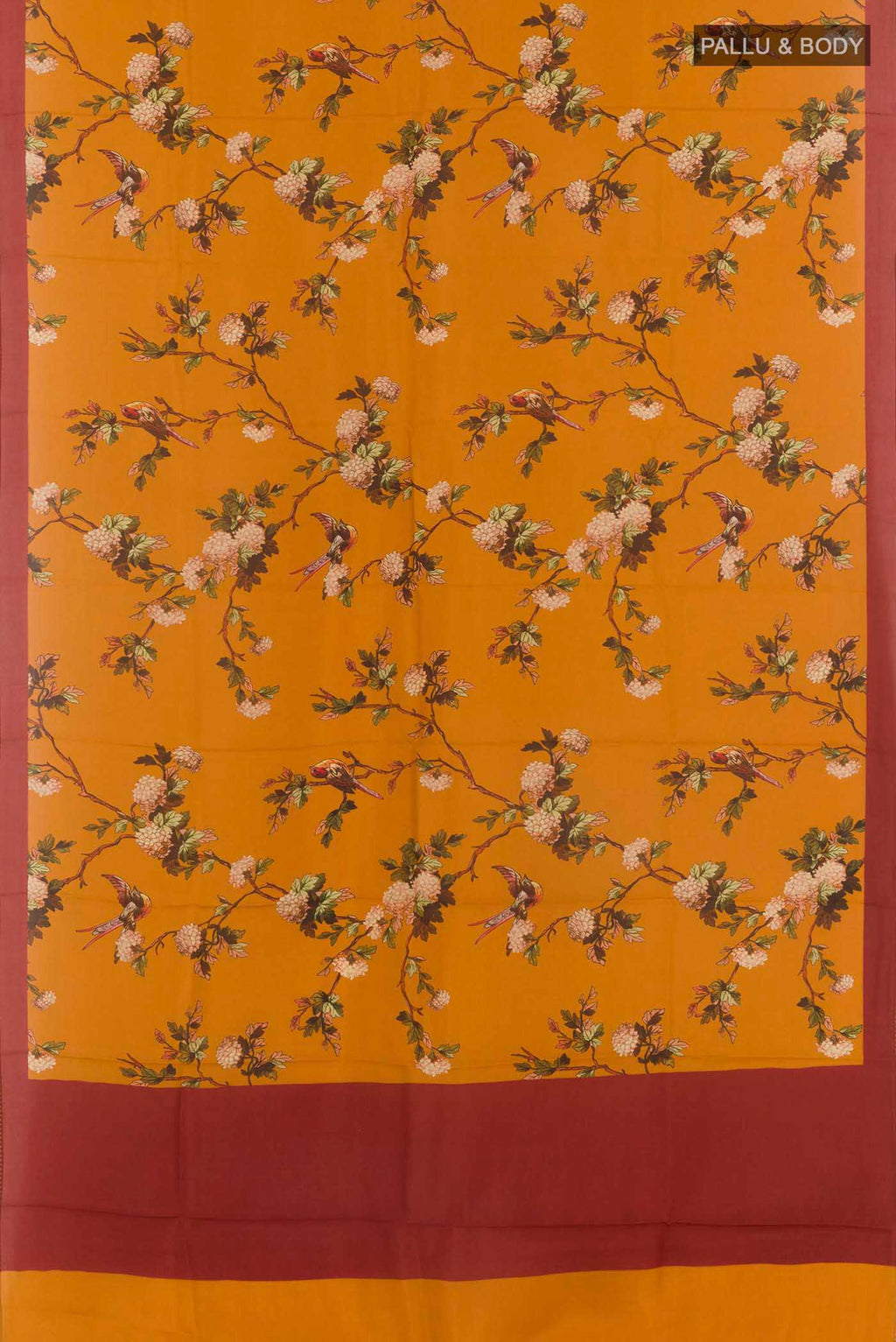 Flat view of Mustard Printed Silk Saree with Printed design on the body and Plain Border. 