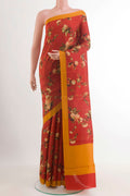 Red Printed Silk Saree with Printed design on the body and Plain Border.  displayed on a mannequin