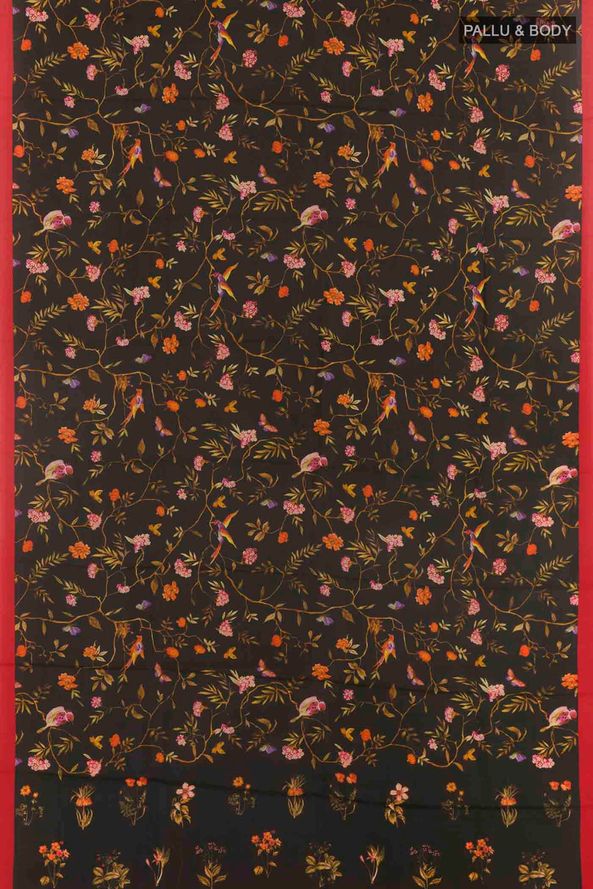 Flat view of Black Printed Silk Saree with Printed design on the body and Plain Border. 