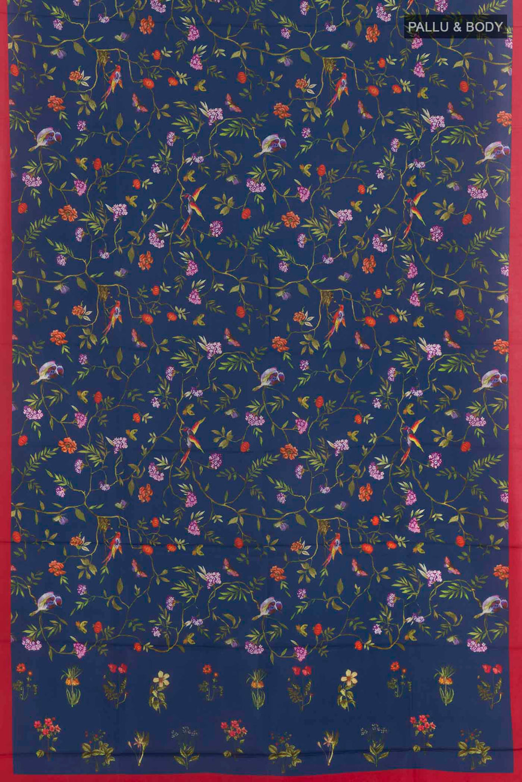 Flat view of Blue Printed Silk Saree with Printed design on the body and Printed Border. 