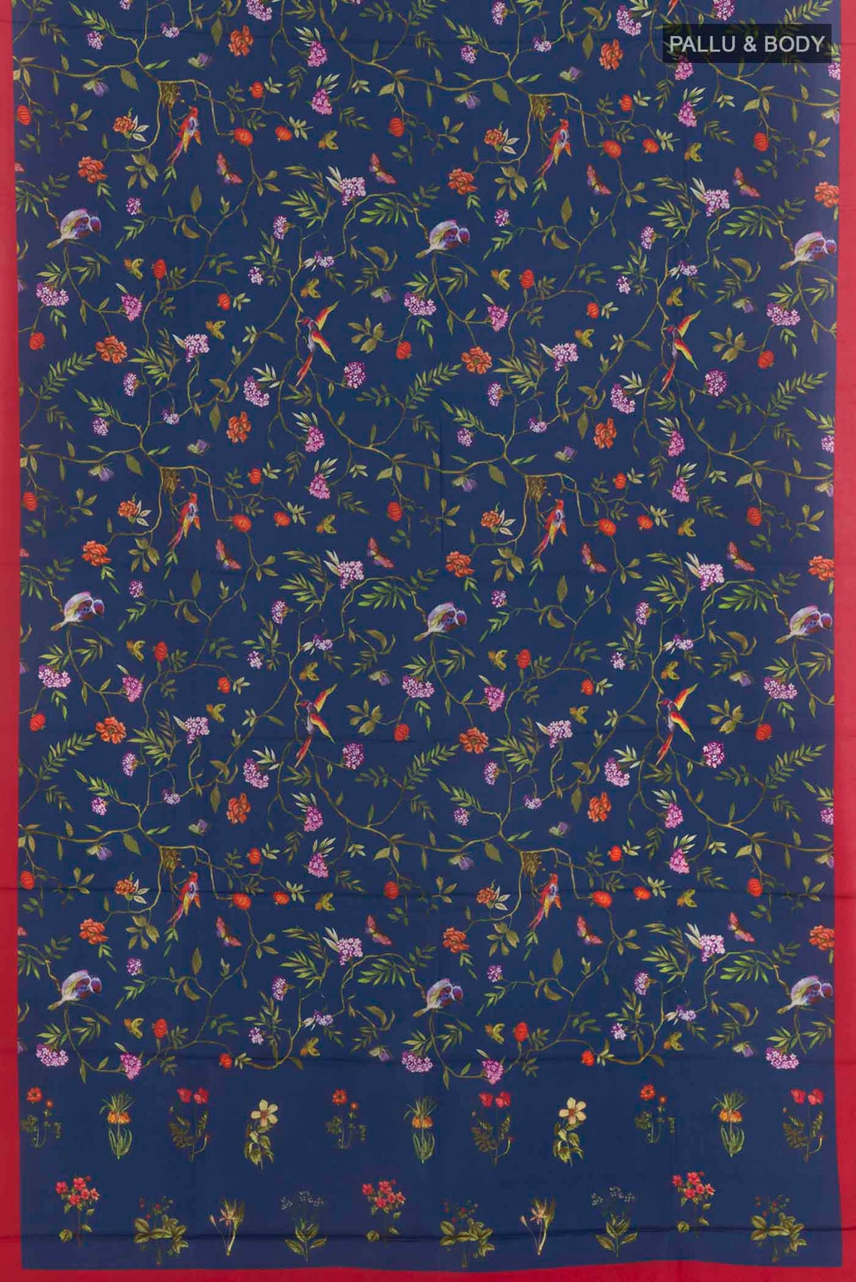 Flat view of Blue Printed Silk Saree with Printed design on the body and Printed Border. 