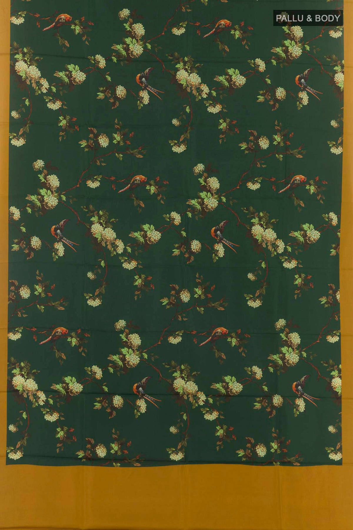 Flat view of Bottle Green Printed Silk Saree with Printed design on the body and Plain Border. 
