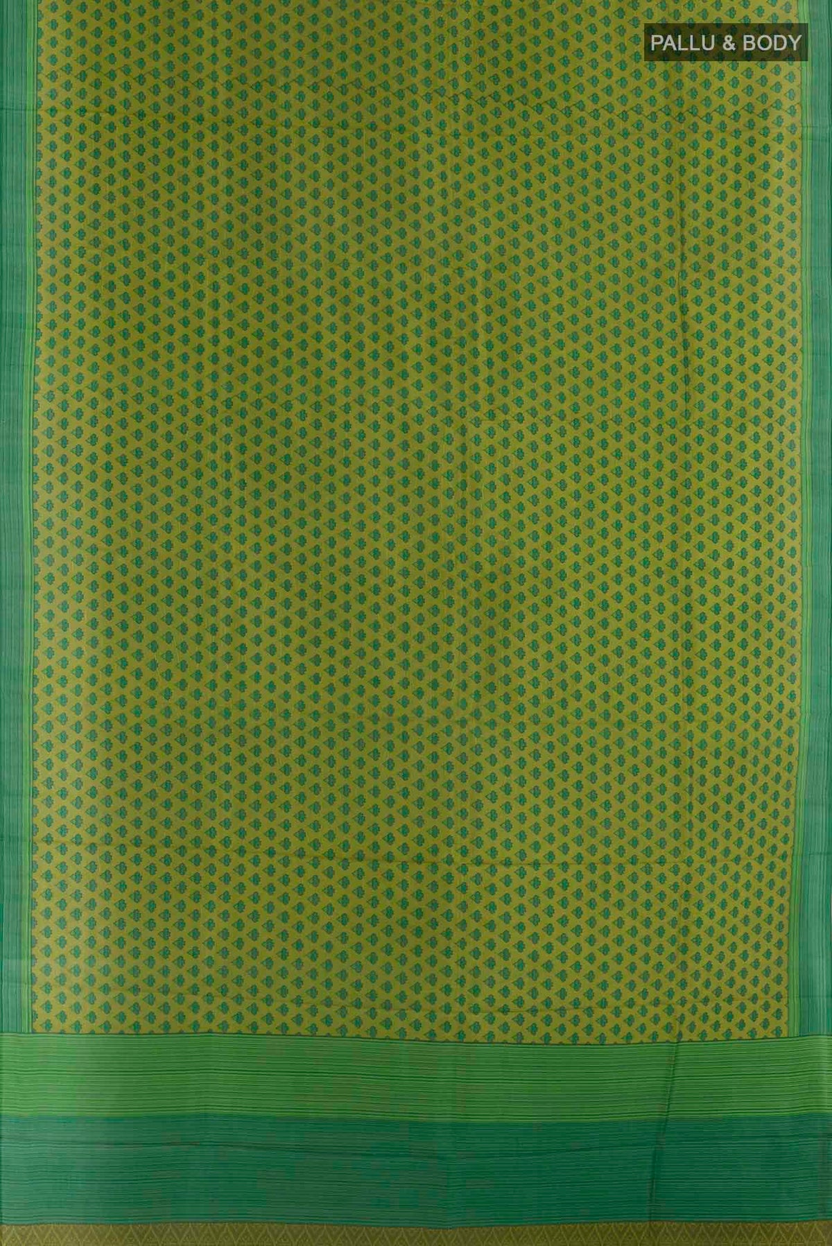 Flat view of Green Printed Silk Saree with Printed design on the body and Plain Border. 
