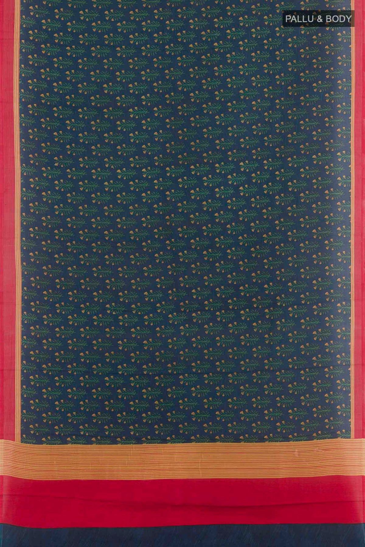 Flat view of Blue Printed Silk Saree with Printed design on the body and Printed Border. 