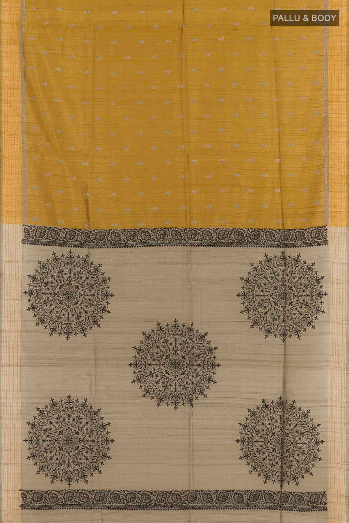 Flat view of Yellow Tussar Saree with Thread Butta on the body and Thread Border. 