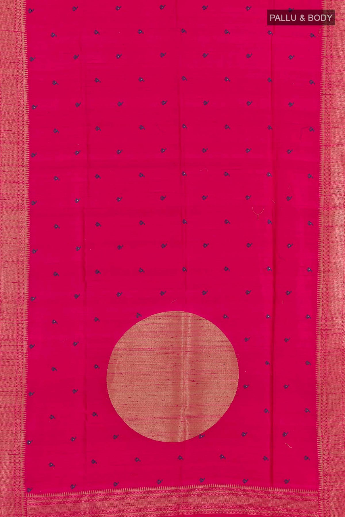 Flat view of Pink Tussar Saree with Thread Butta on the body and Zari Border. 