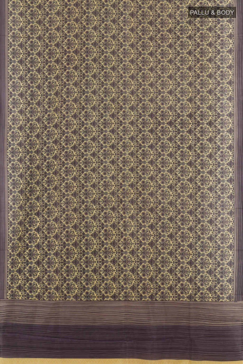 Flat view of Lemon Yellow Printed Silk Saree with Printed design on the body and Printed Border. 