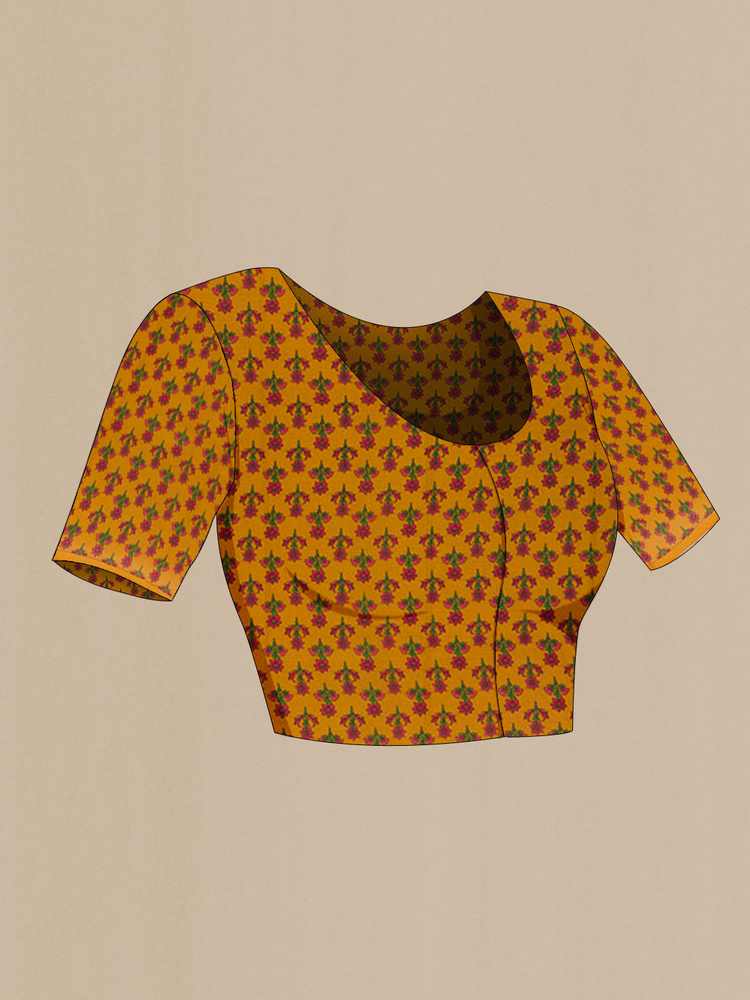 Close up image of the blouse of Mustard Printed Silk Saree with Printed design on the body and Printed Border. 