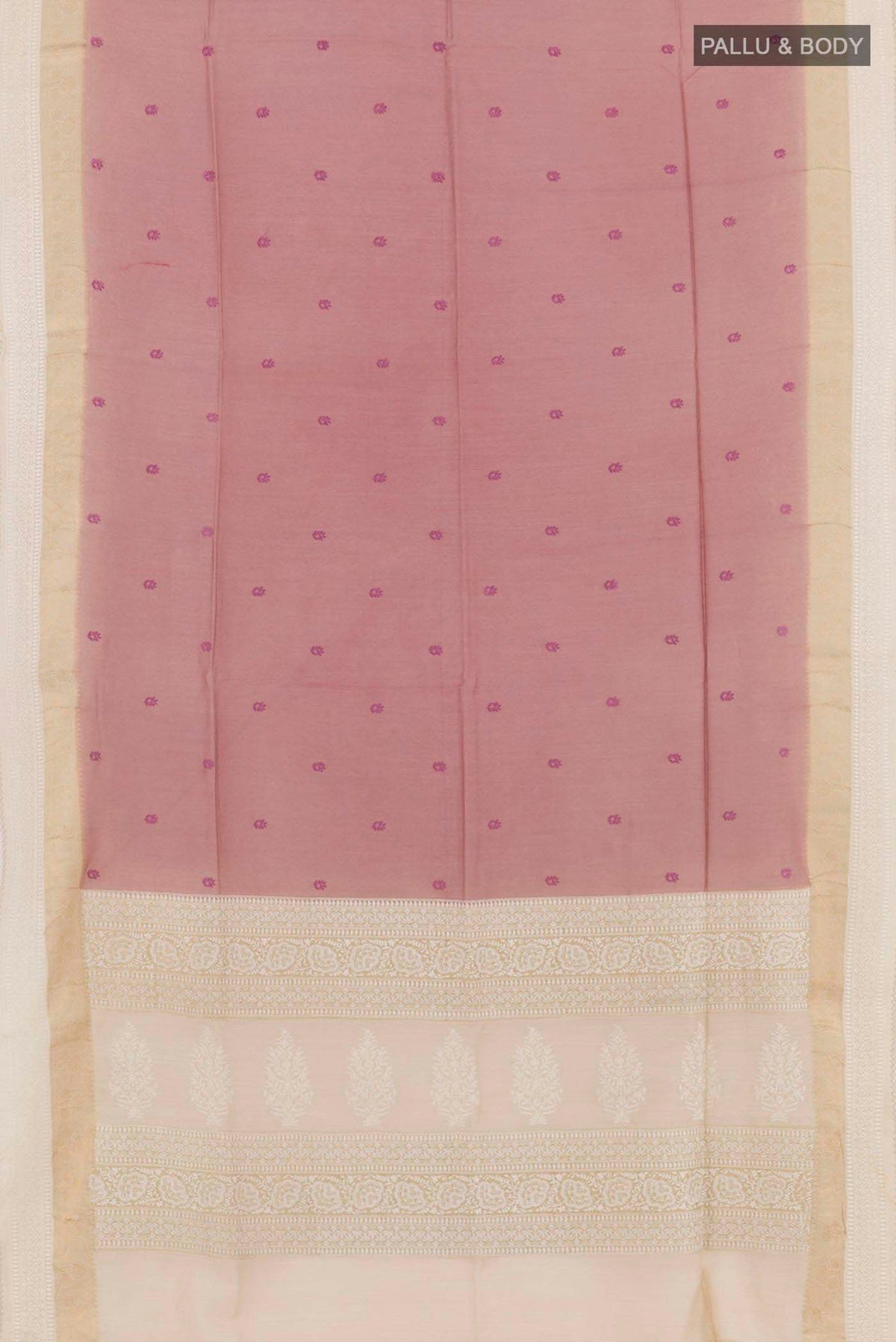 Flat view of Imperial Pink Tussar Saree with Thread Butta on the body and Embroidery Border. 