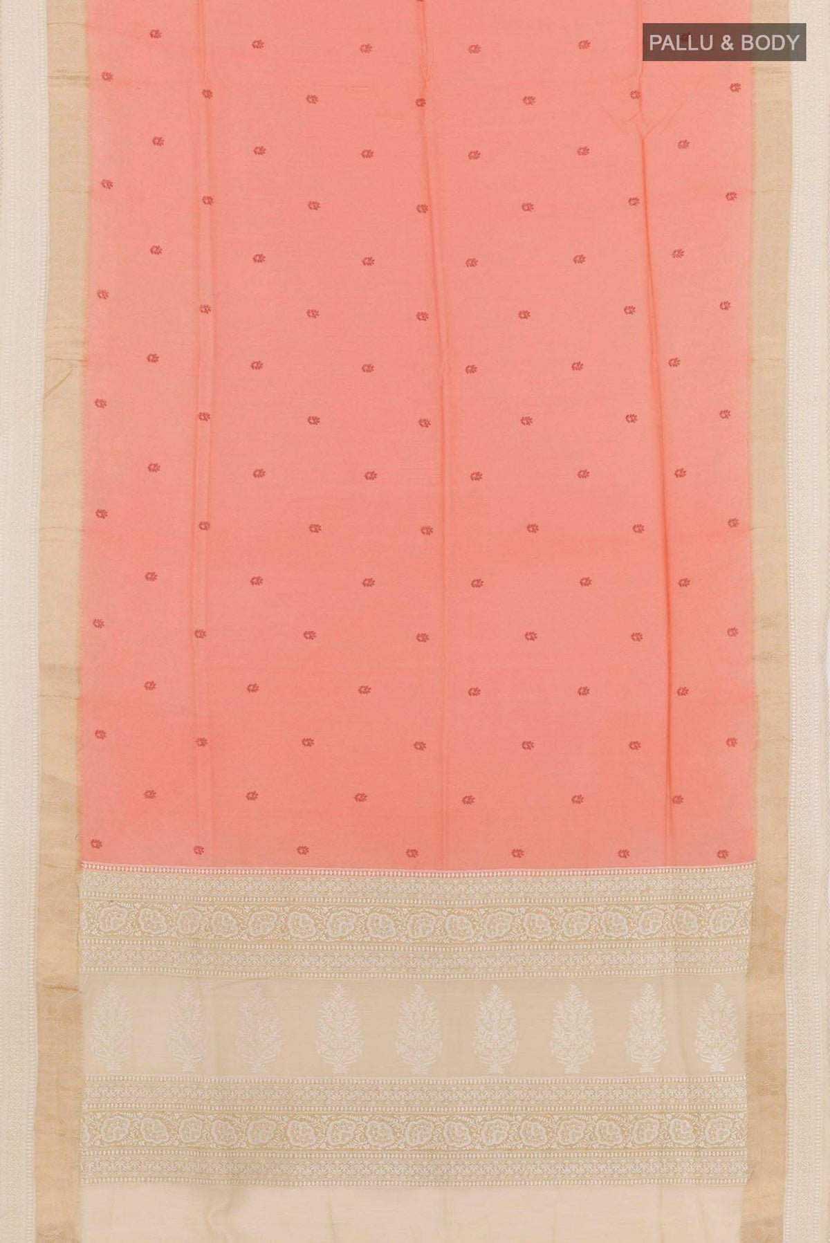 Flat view of Rose pink Tussar Saree with Thread Butta on the body and Thread Border. 