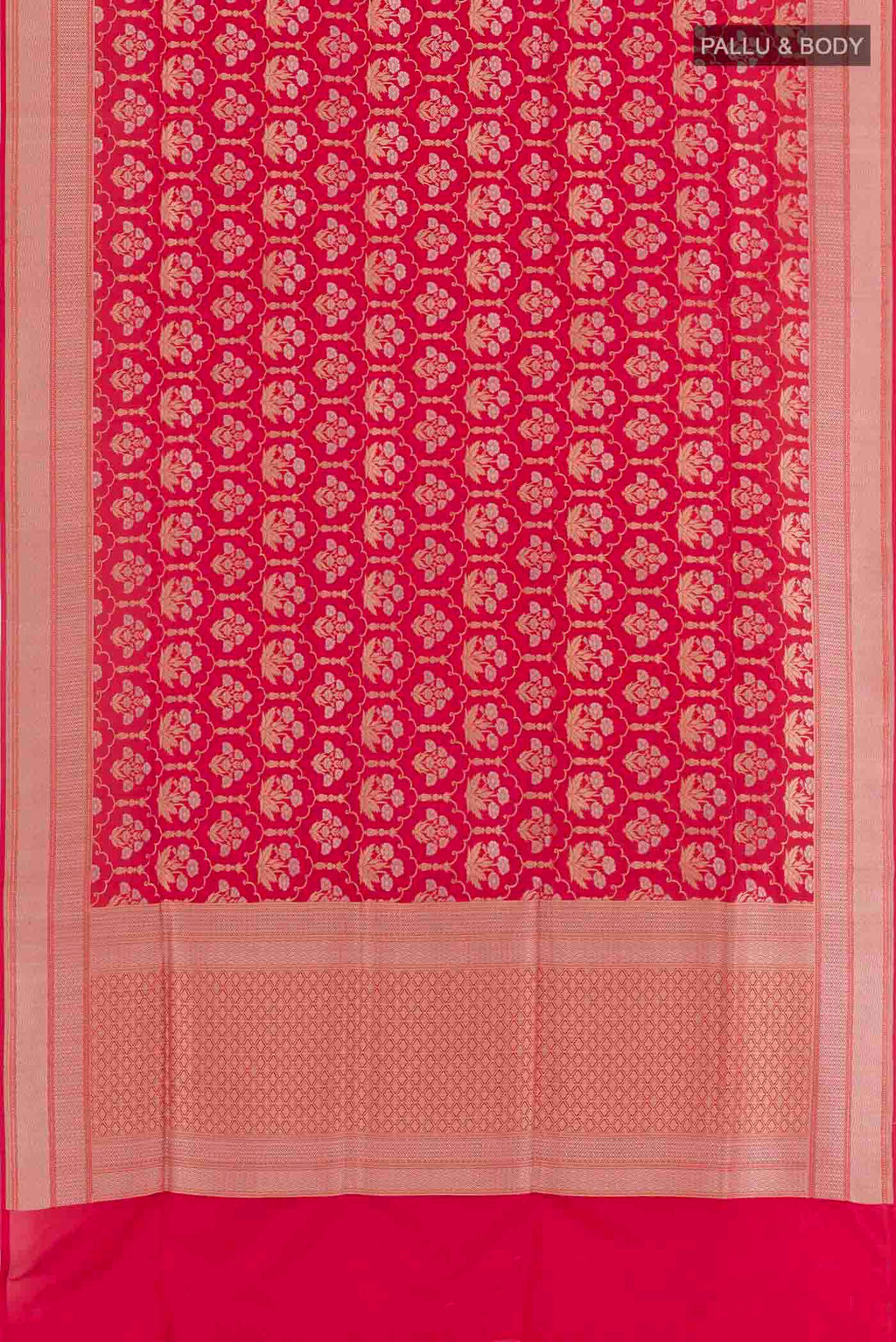 Flat view of Red Banarasi Silk Saree with Zari Brocade on the body and Zari Border. 