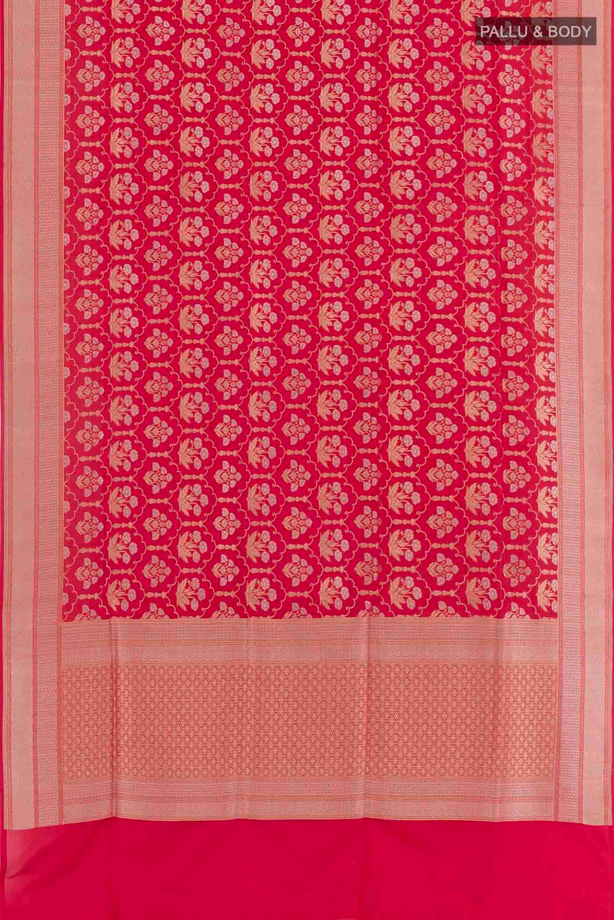 Flat view of Red Banarasi Silk Saree with Zari Brocade on the body and Zari Border. 