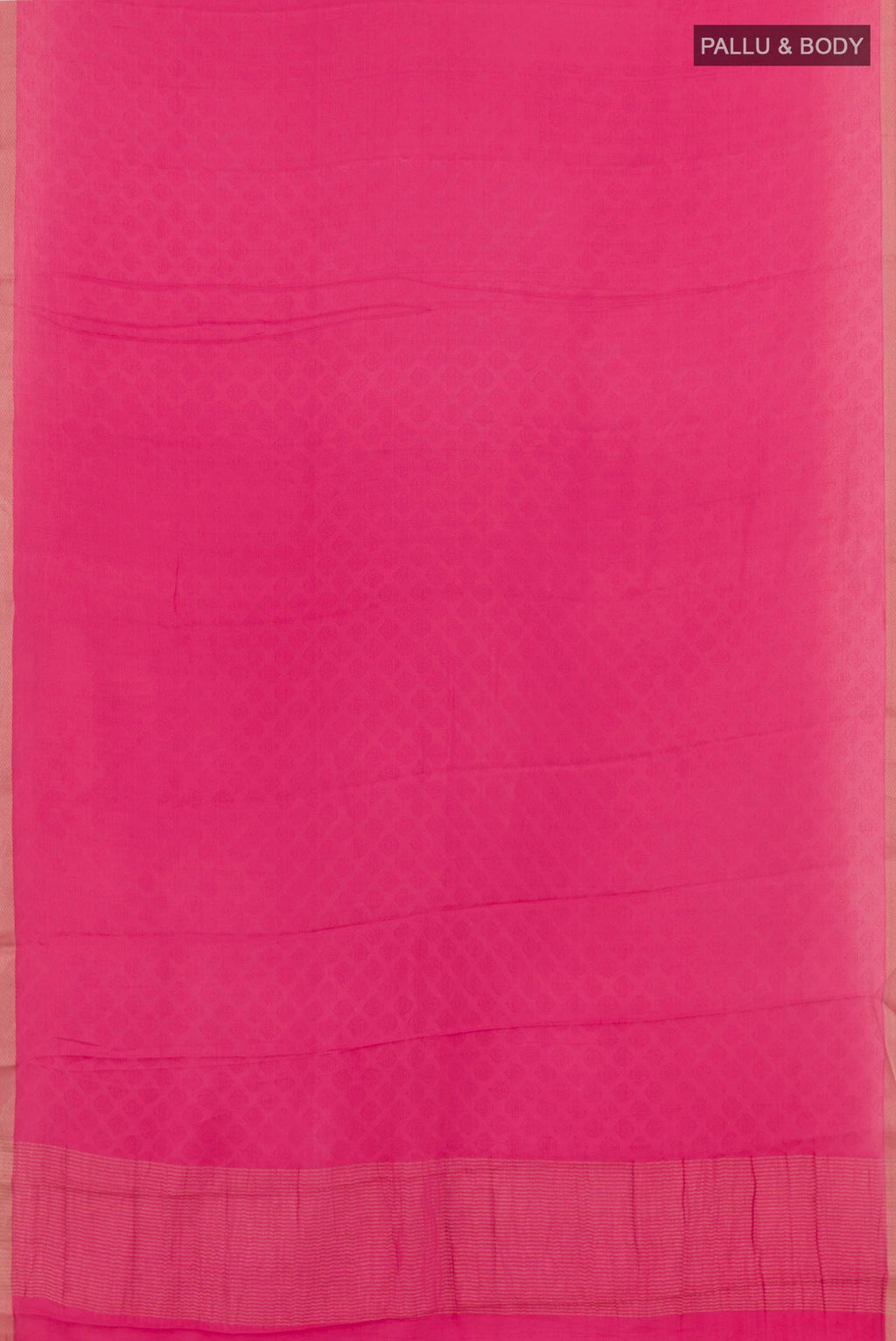 Flat view of Pink Mysore Crepe Saree with Jacquard design on the body and Zari Border. 