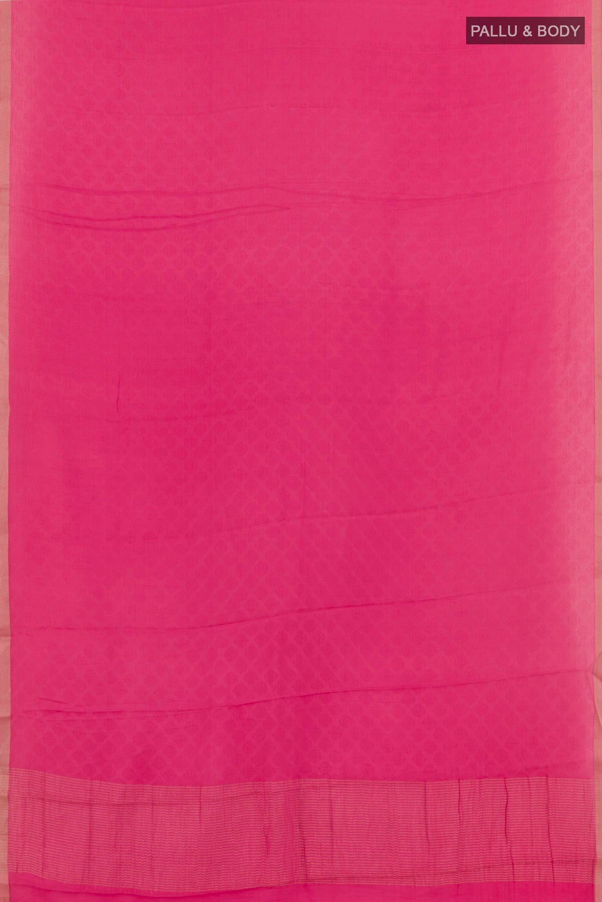Flat view of Pink Mysore Crepe Saree with Jacquard design on the body and Zari Border. 