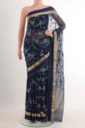 Blue Mysore Chiffon Saree with Embroidery on the body and Zari Border.  displayed on a mannequin