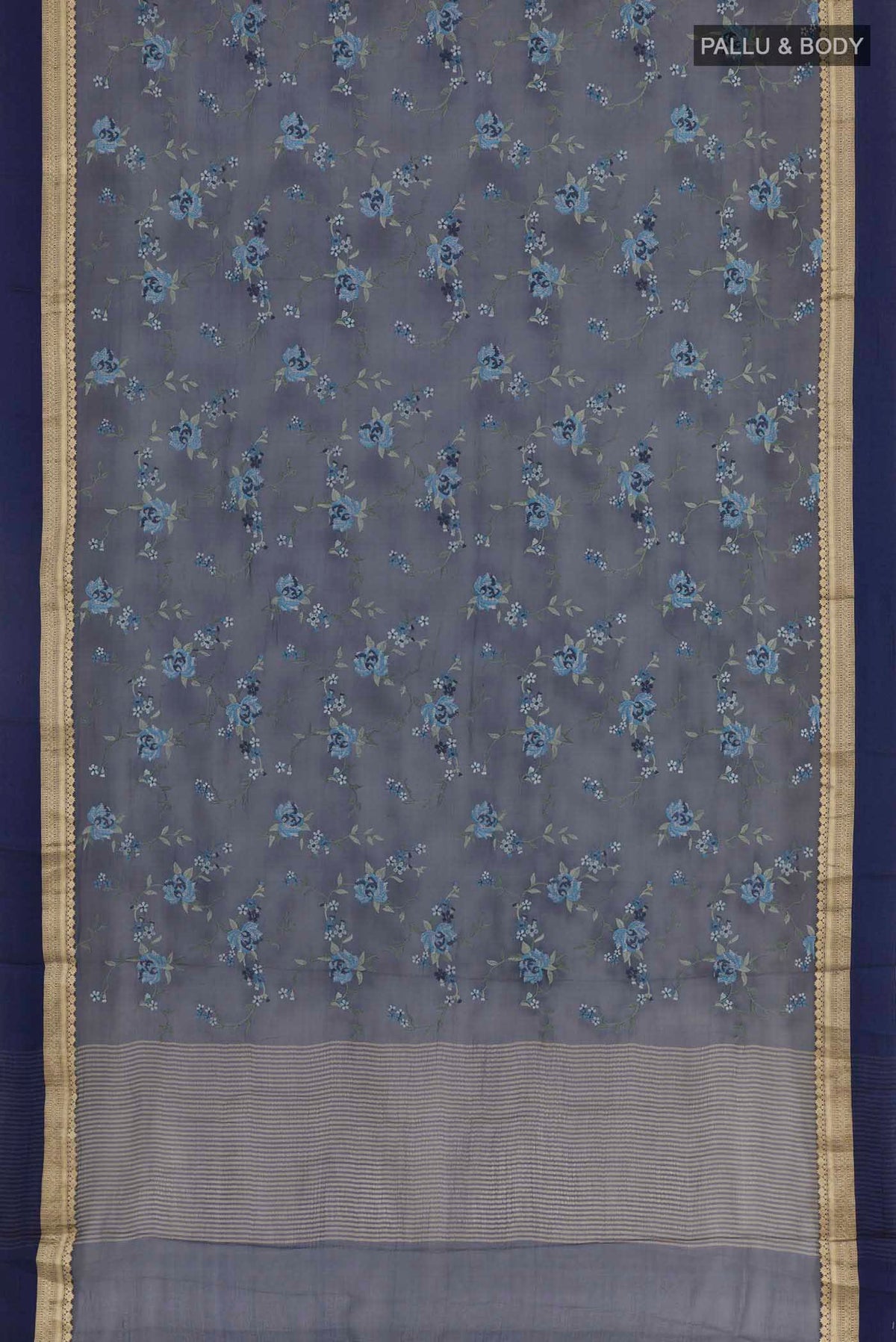 Flat view of Blue Mysore Chiffon Saree with Embroidery on the body and Zari Border. 