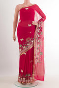 Red Mysore Chiffon Saree with Embroidery on the body and Zari Border.  displayed on a mannequin