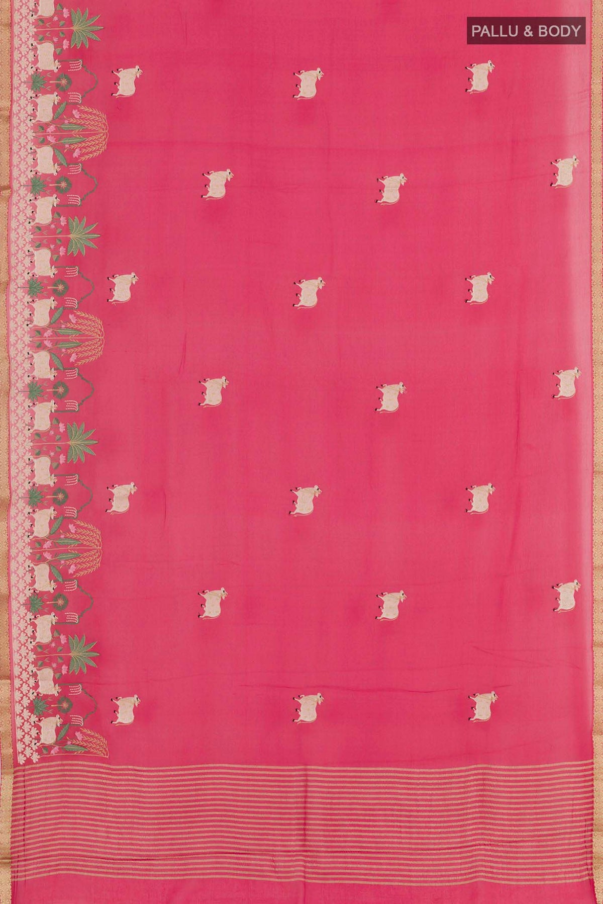 Flat view of Red Mysore Chiffon Saree with Embroidery on the body and Zari Border. 