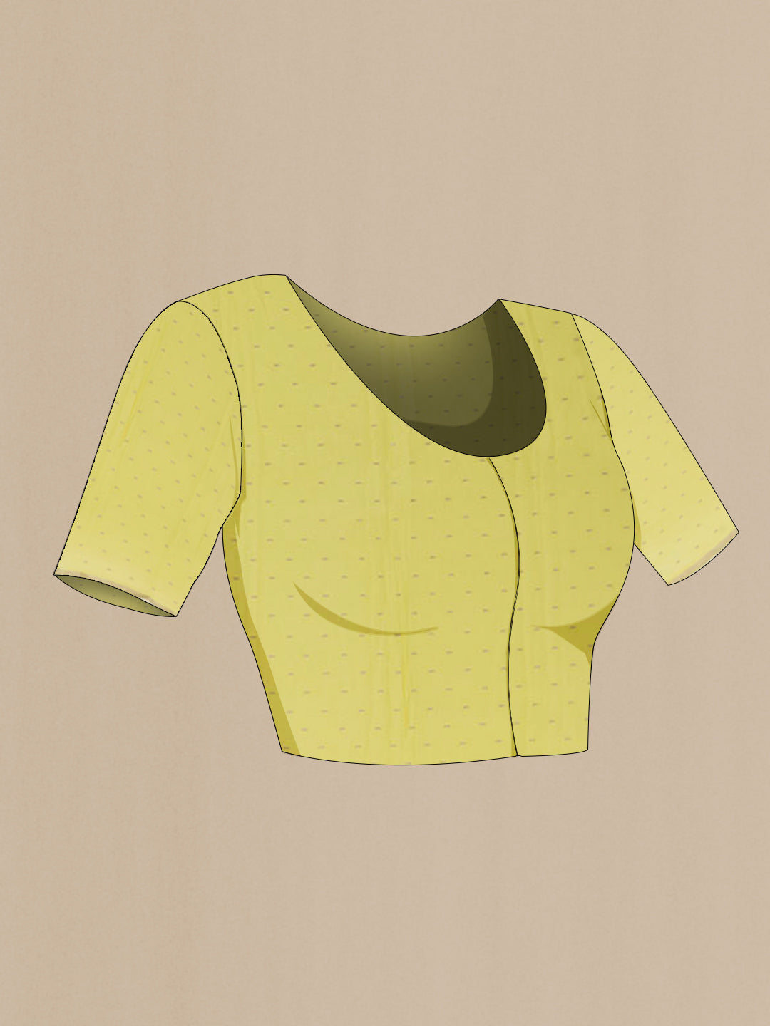 Close up image of the blouse of Lemon Yellow Mysore Chiffon Saree with Embroidery on the body and Zari Border. 