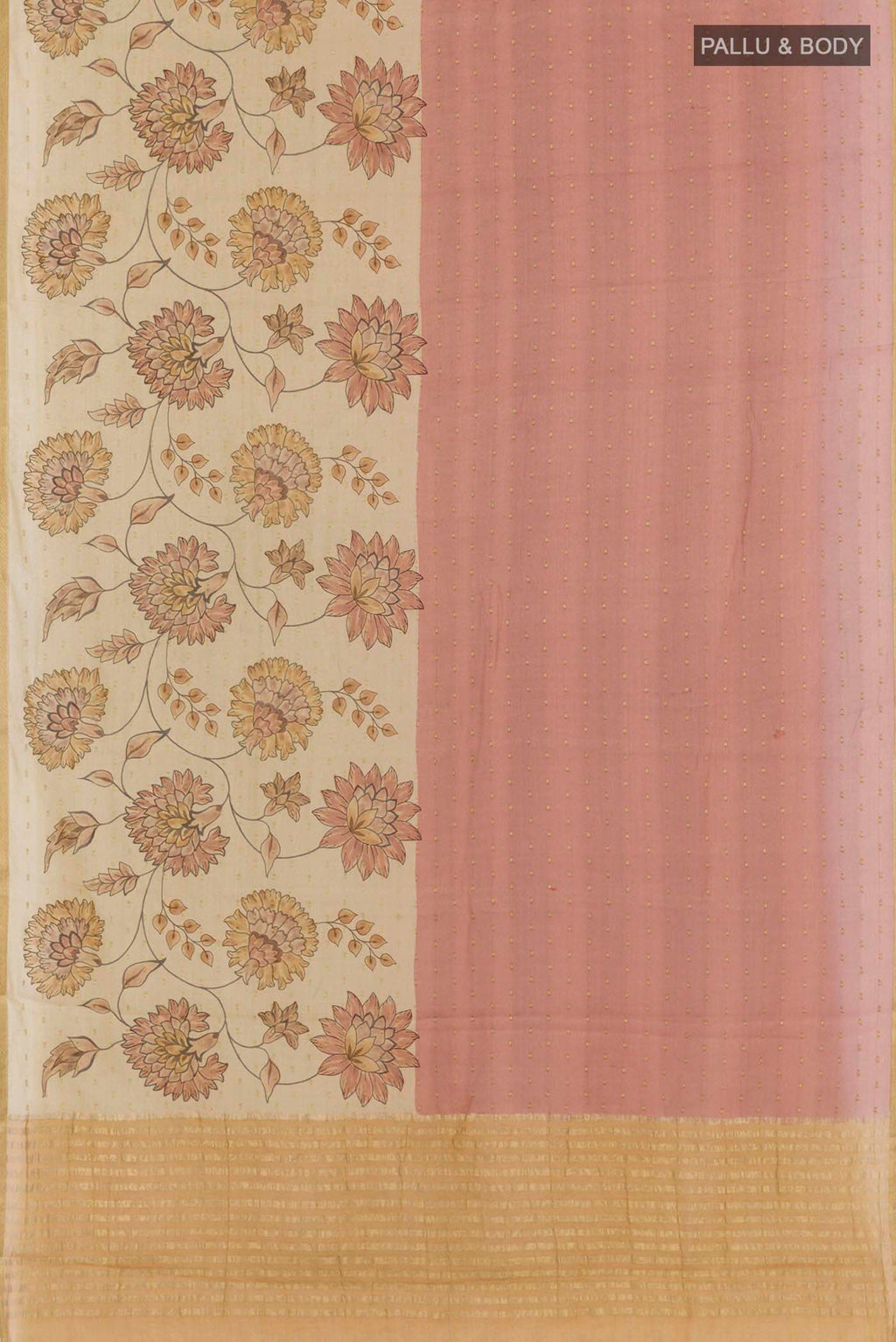 Flat view of Pink Mysore Chiffon Saree with Zari Butta on the body and Skirt Border. 