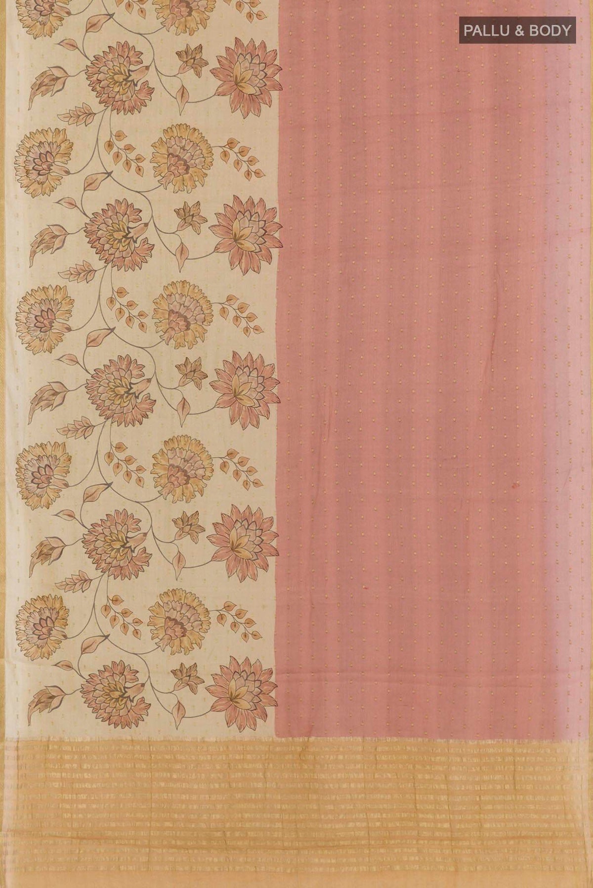 Flat view of Pink Mysore Chiffon Saree with Zari Butta on the body and Skirt Border. 