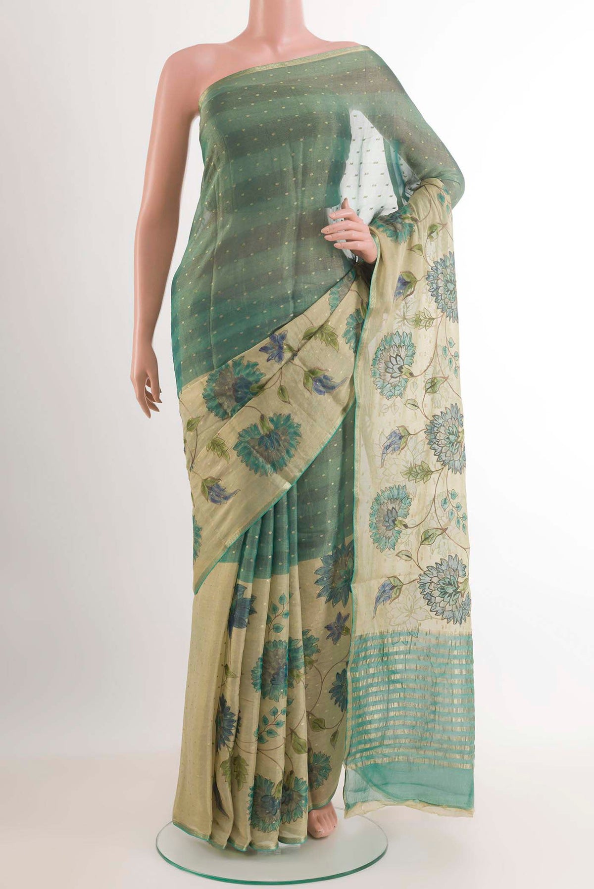 Peacock Blue Mysore Chiffon Saree with Zari Butta on the body and Skirt Border.  displayed on a mannequin