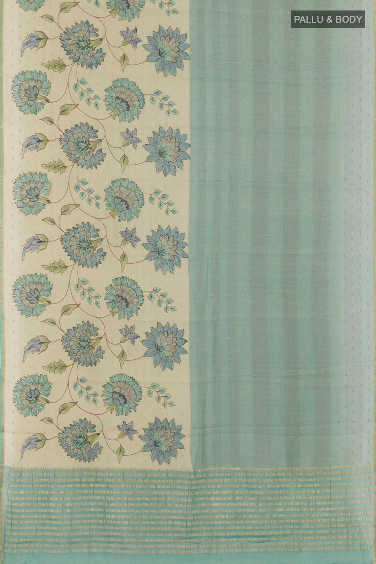 Flat view of Peacock Blue Mysore Chiffon Saree with Zari Butta on the body and Skirt Border. 