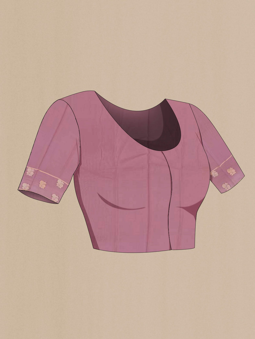Close up image of the blouse of Lavender Mysore Crepe Saree with Zari Brocade on the body and Zari Border. 