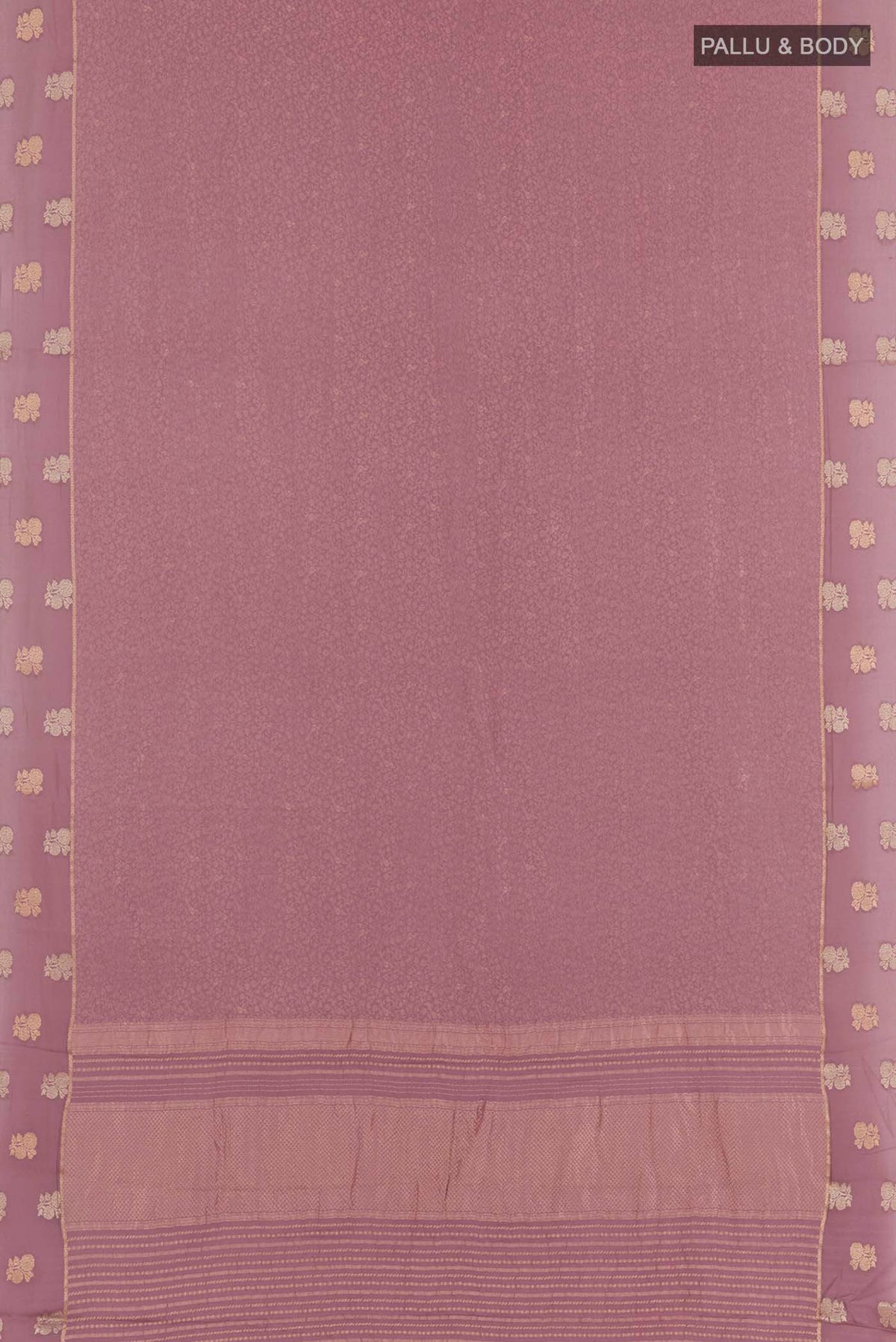 Flat view of Lavender Mysore Crepe Saree with Zari Brocade on the body and Zari Border. 