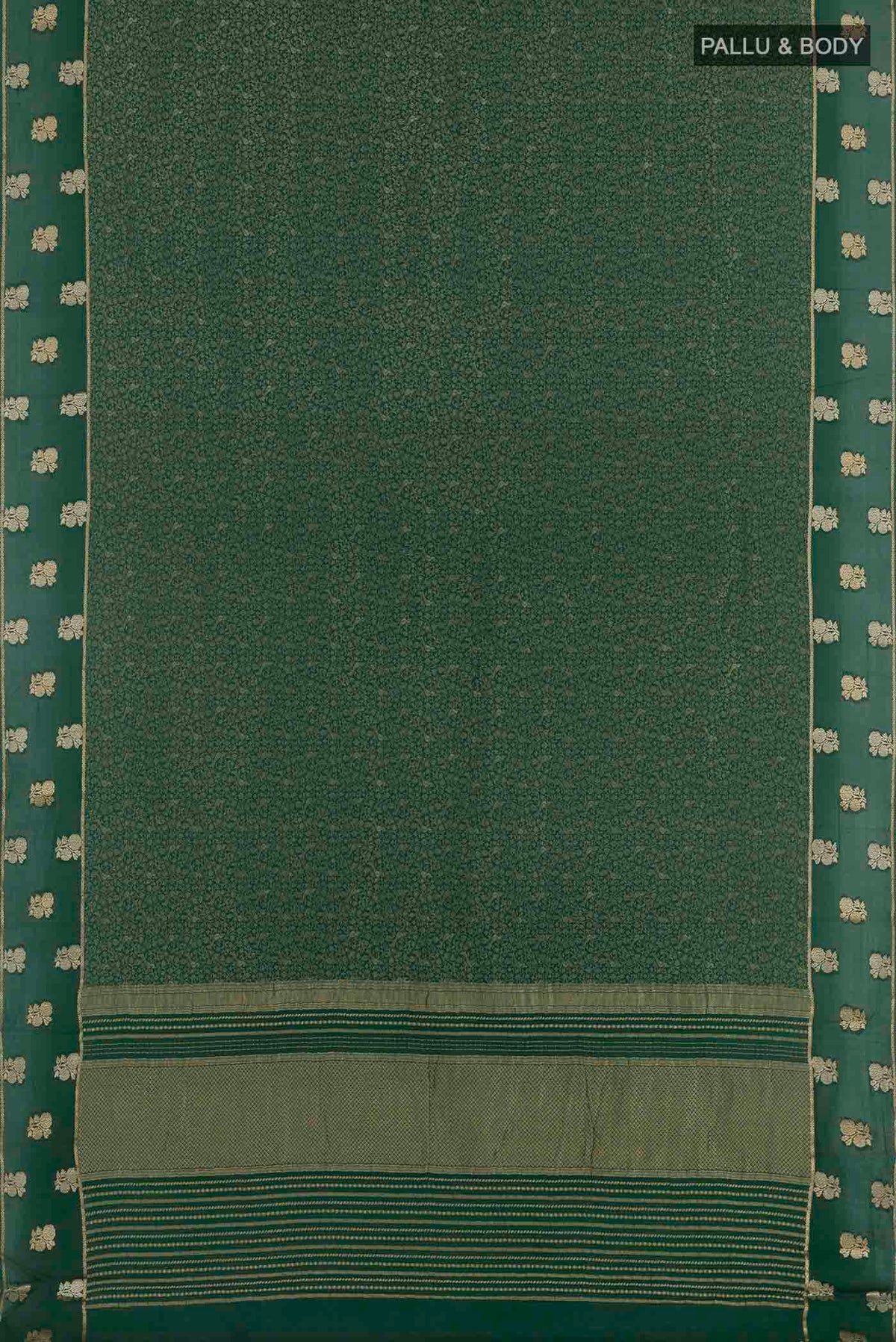 Flat view of Green Mysore Crepe Saree with Zari Brocade on the body and Zari Border. 