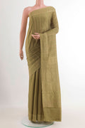 Beige Mysore Crepe Saree with Stripes on the body and Plain Border.  displayed on a mannequin