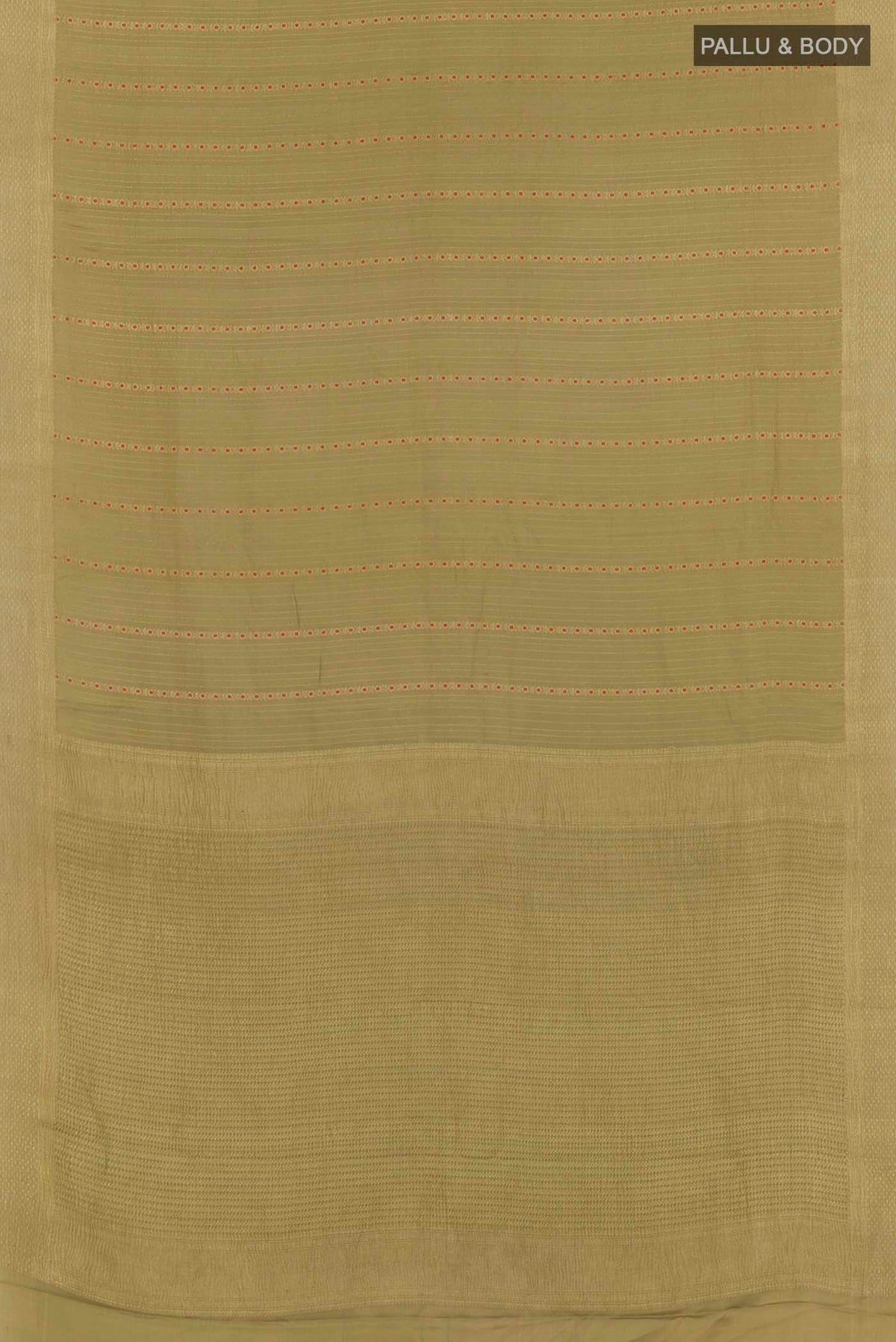 Flat view of Beige Mysore Crepe Saree with Stripes on the body and Plain Border. 