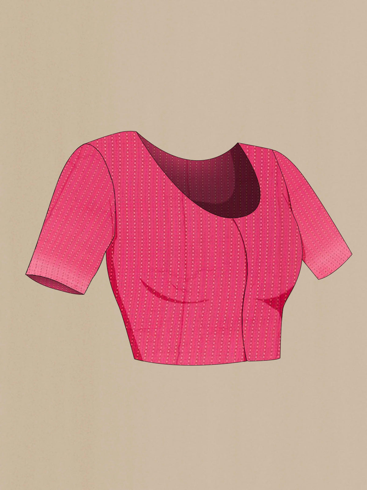Close up image of the blouse of Pink Mysore Crepe Saree with Plain Body and Zari Border. 