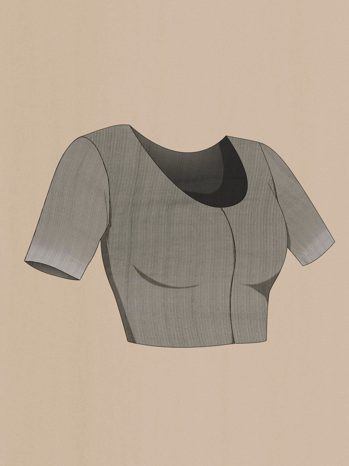 Close up image of the blouse of Grey Mysore Crepe Saree with Plain Body and Zari Border. 