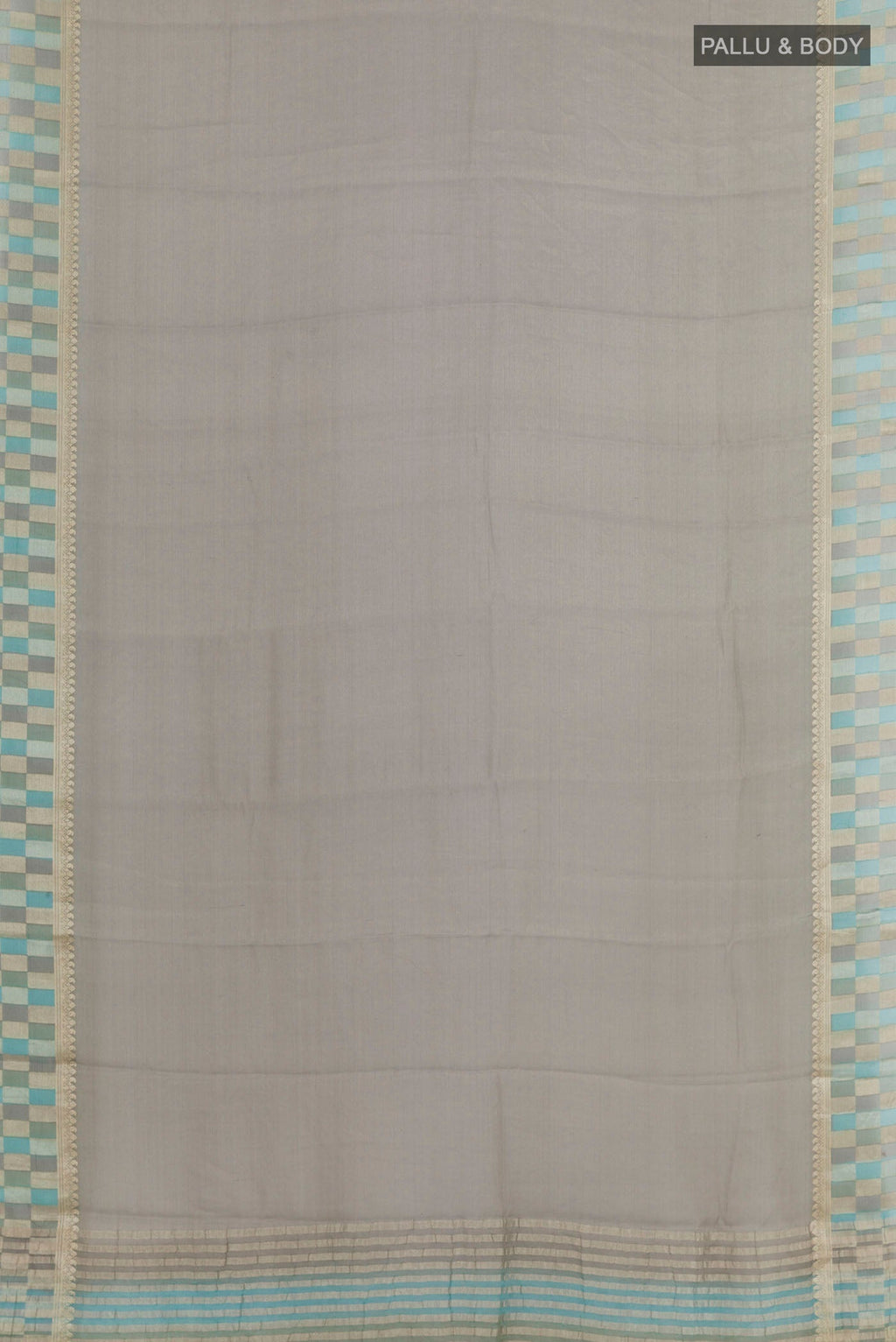 Flat view of Grey Mysore Crepe Saree with Plain Body and Zari Border. 