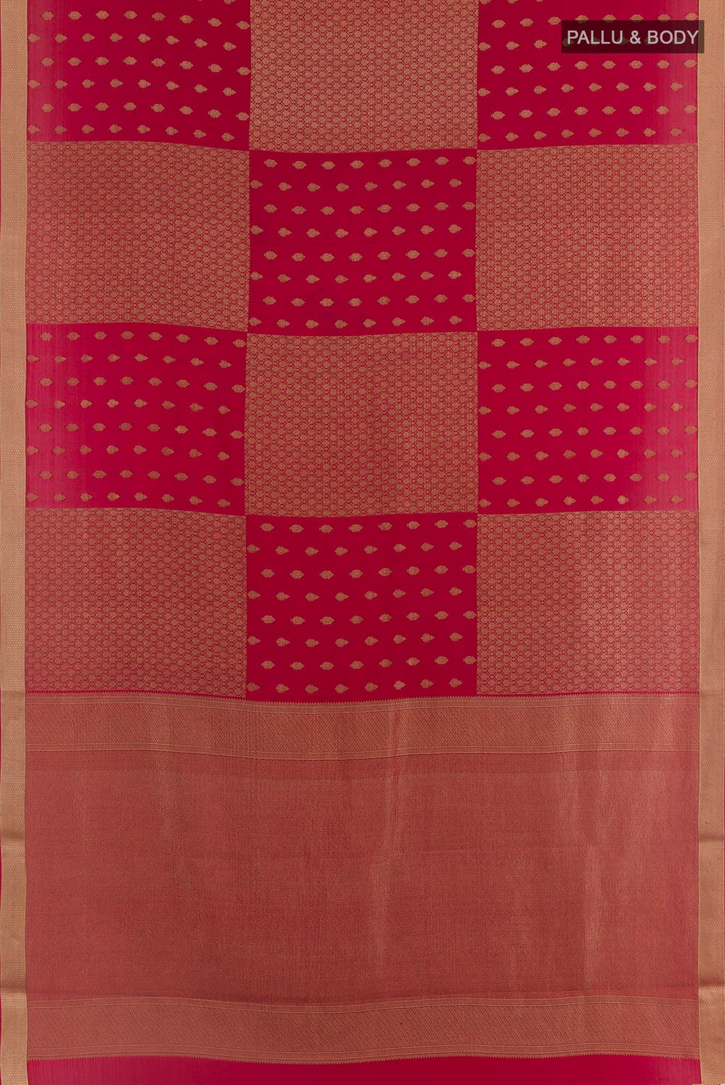Flat view of Red Mysore Crepe Saree with Zari Butta on the body and Plain Border. 
