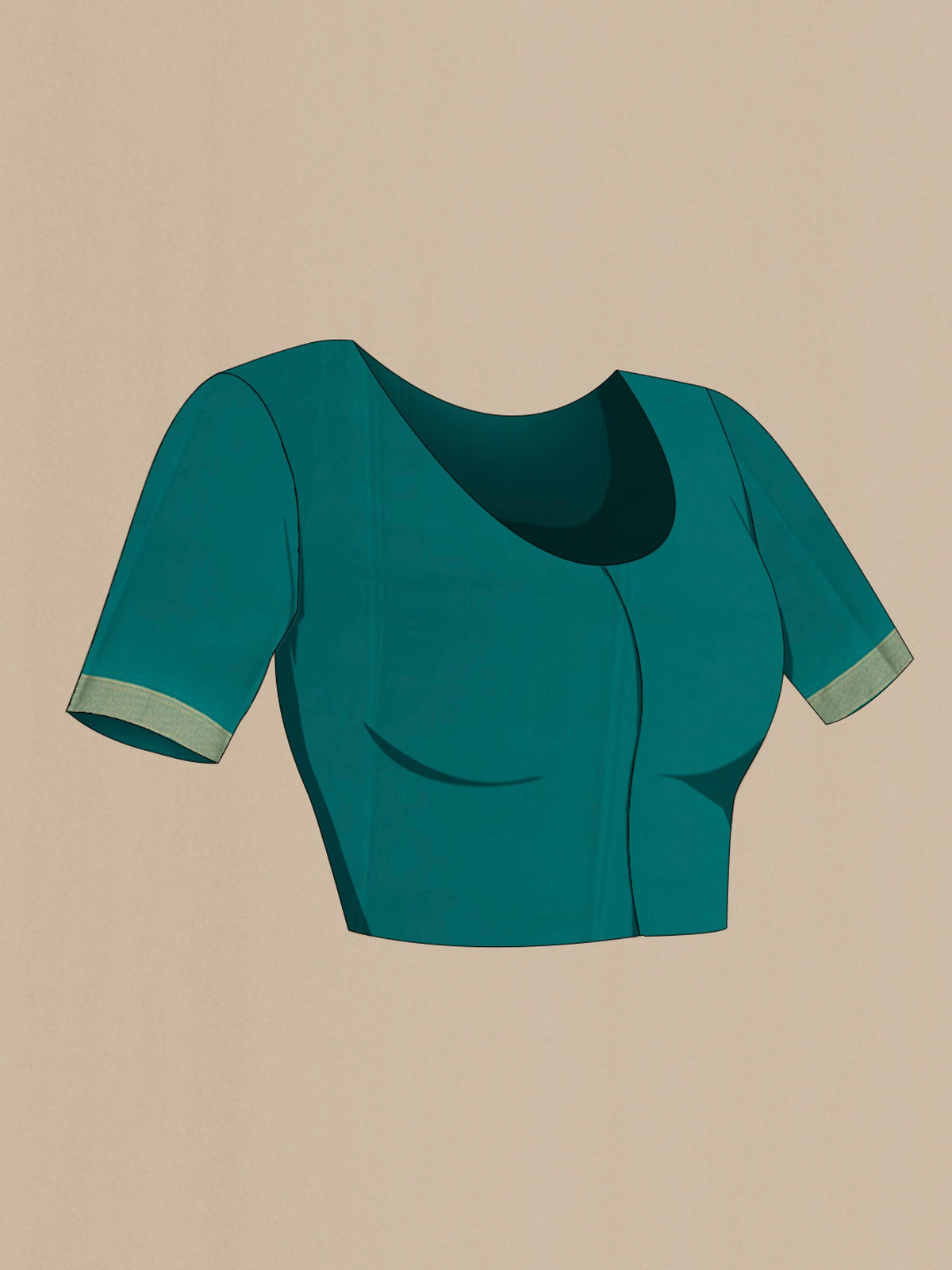 Close up image of the blouse of Sea Green Mysore Crepe Saree with Zari Butta on the body and Zari Border. 