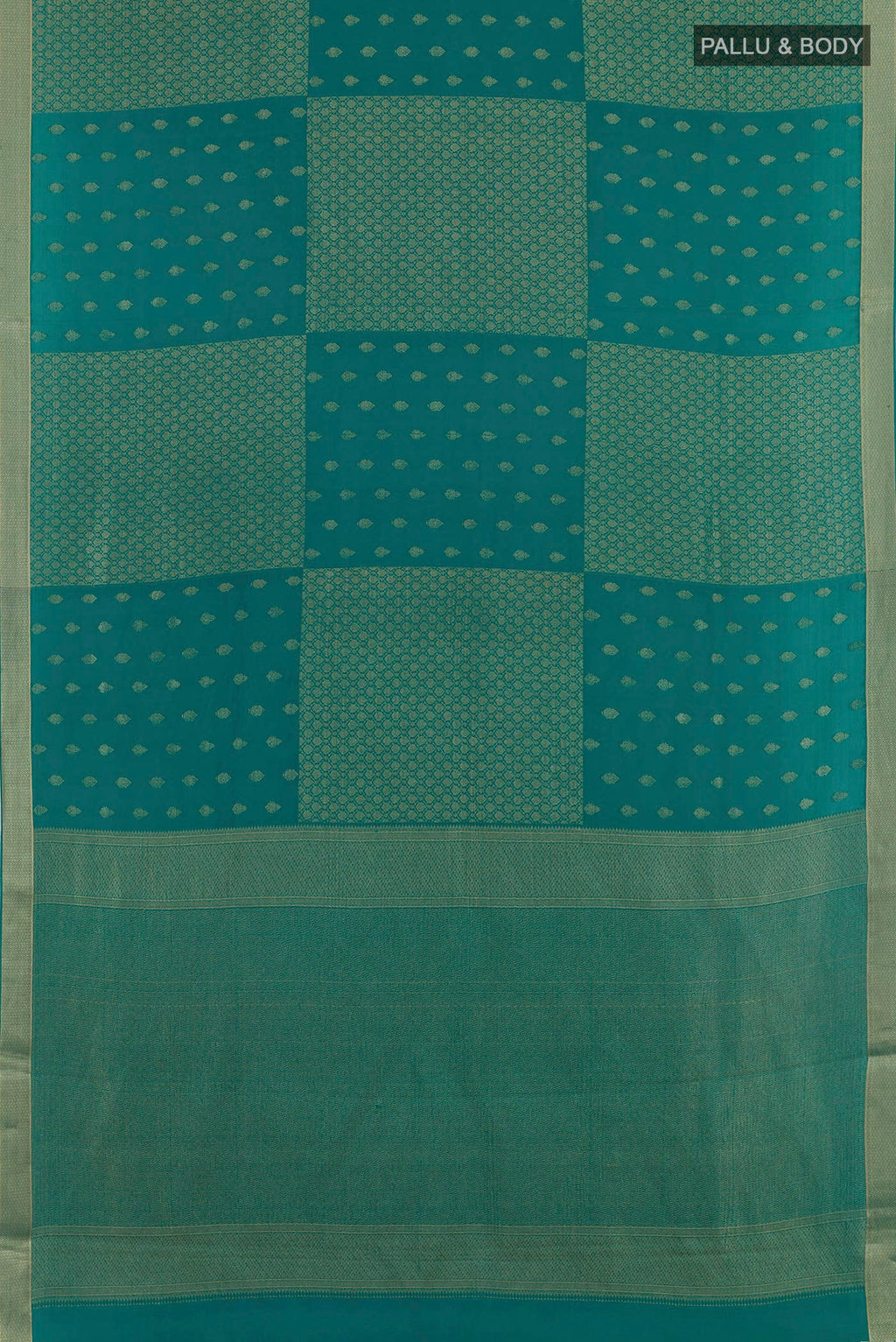 Flat view of Sea Green Mysore Crepe Saree with Zari Butta on the body and Zari Border. 