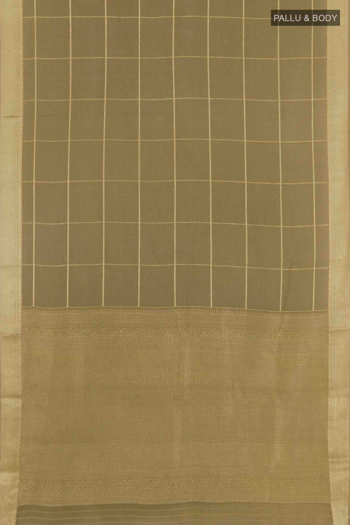 Flat view of Golden Mysore Crepe Saree with Zari Brocade on the body and Zari Border. 