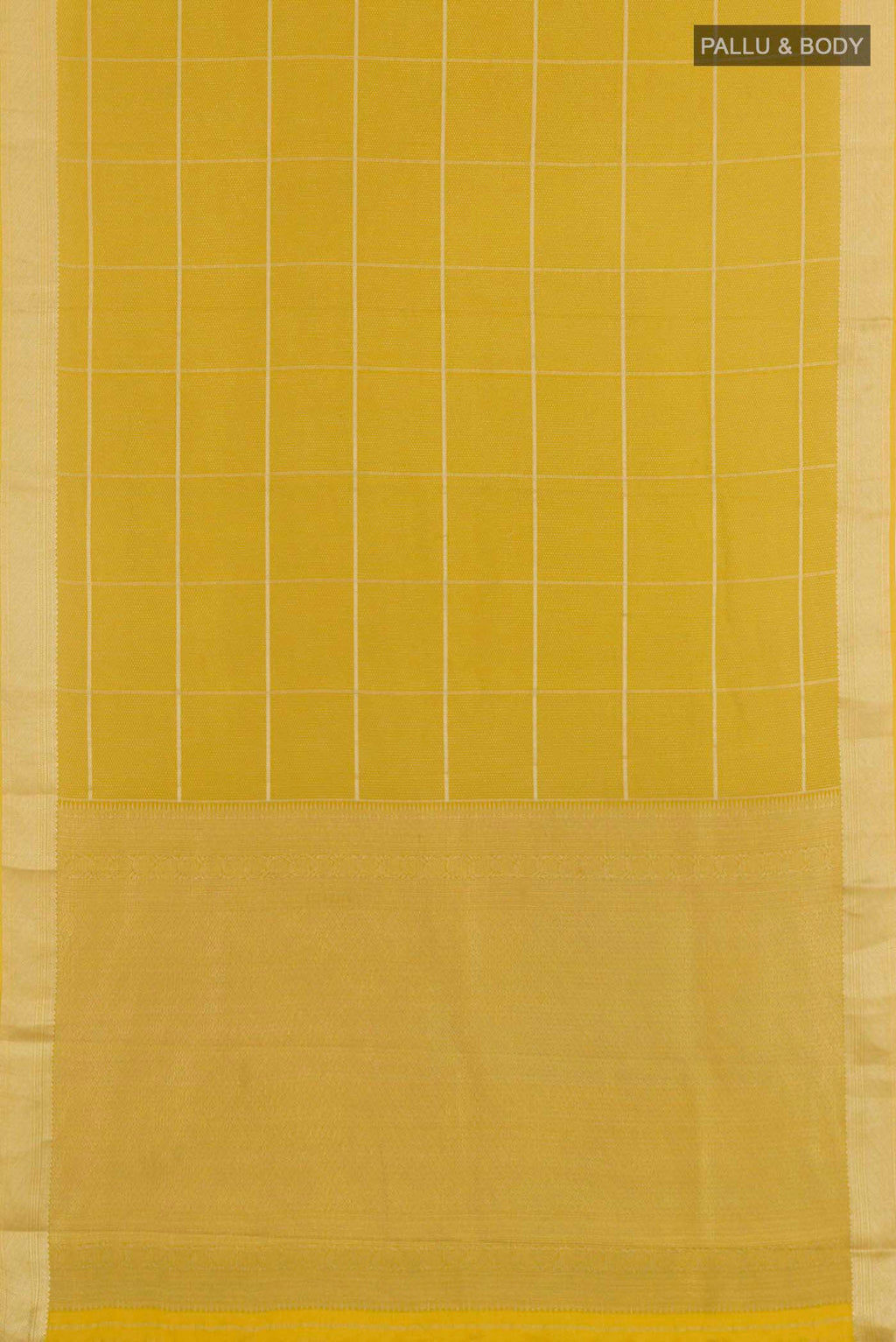 Flat view of Yellow Mysore Crepe Saree with Zari Brocade on the body and Zari Border. 